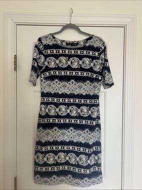 madison leigh Navy and White Striped Lace-Print Midi Dress